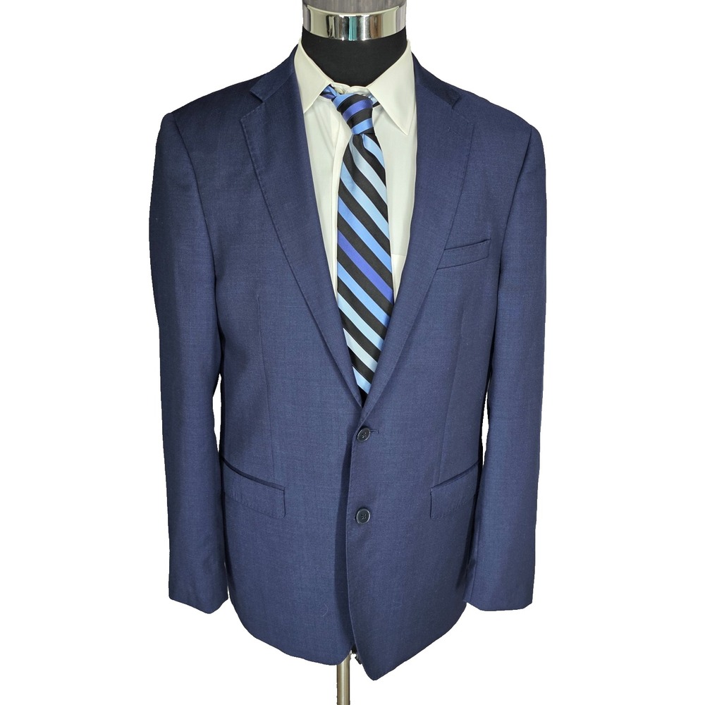 Calvin Klein Blazer Mens 42L Blue Wool Natural Stretch Sports Coat Jacket 2 B